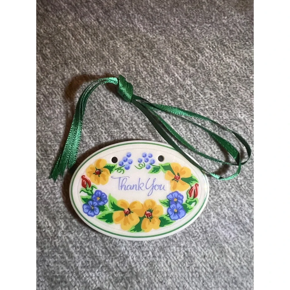 Longaberger Pottery Thank You Basket Tie-On White Floral Ceramic Charm Vintage